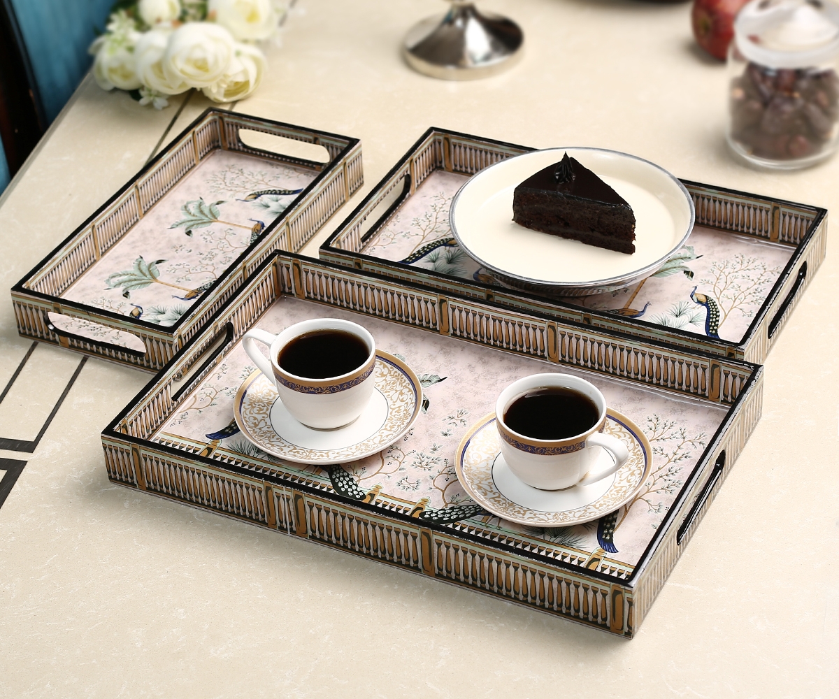 Royal Peacock Printed Tray Set of 3