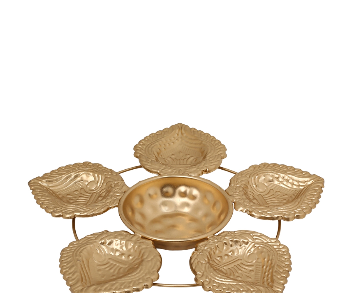 Metal Urli with Peacock Diya Holders