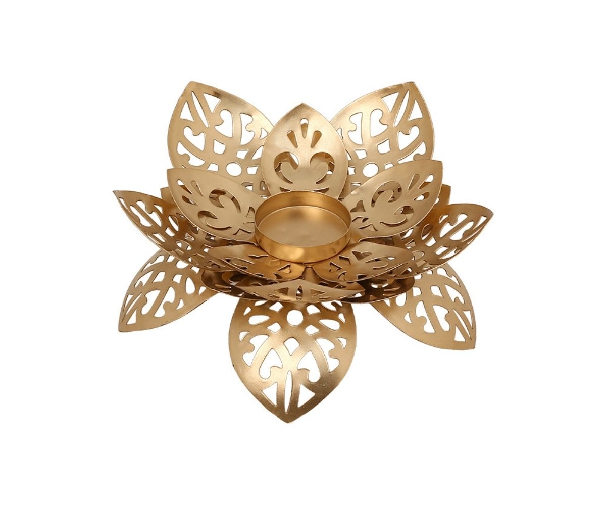 Carved Lotus Metal Votive Candle Holder