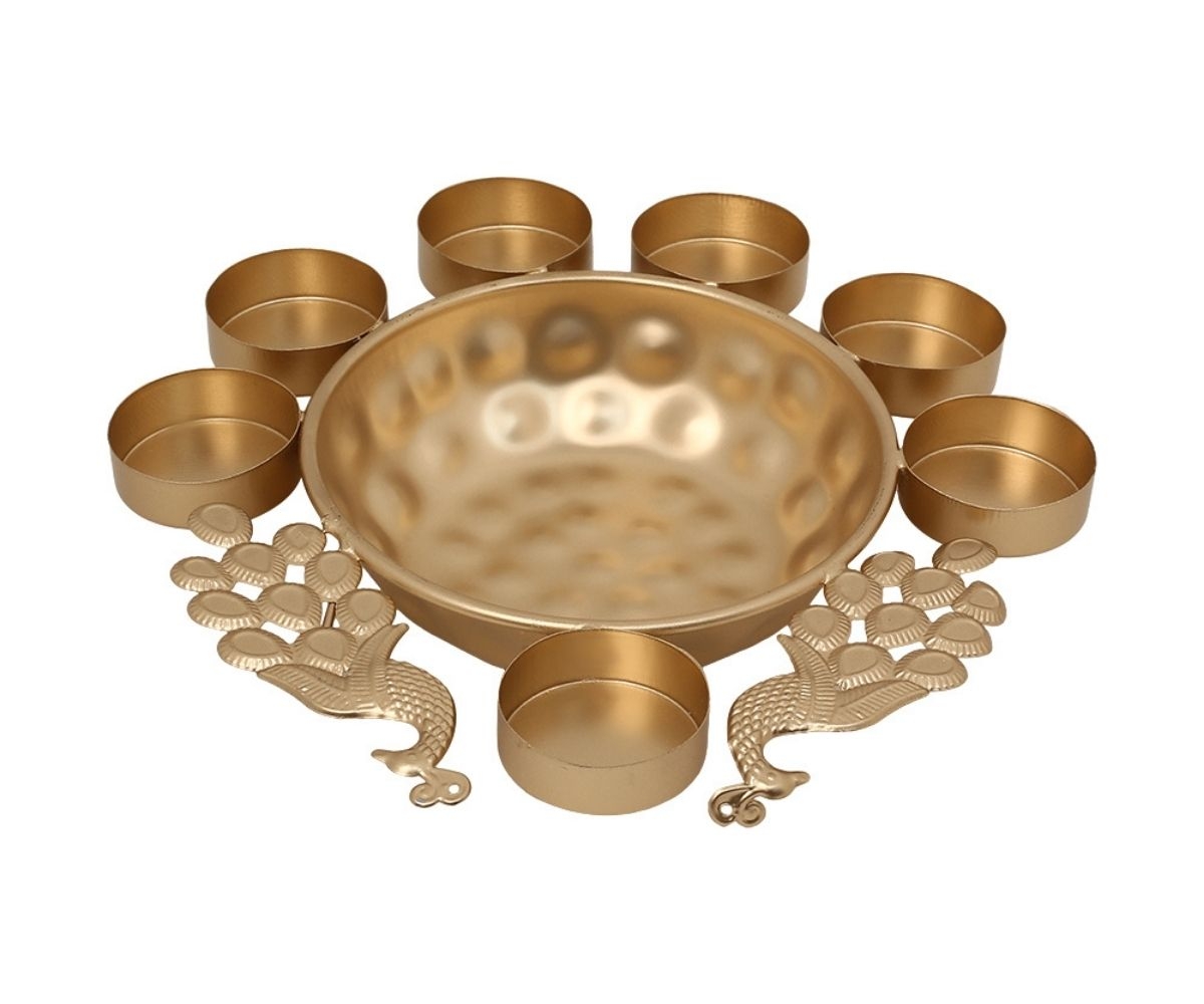Peacock Motif Metal Pooja Thali Set